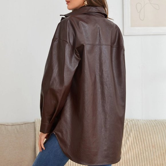 Tall Button Front Flap Pocket Drop Shoulder PU Leather Coat - Picture 2 of 4